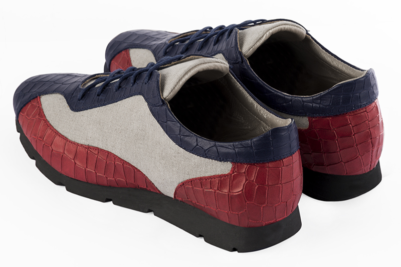 Navy blue, natural beige and cardinal red women's three-tone elegant sneakers. Round toe. Flat rubber soles. Rear view - Florence KOOIJMAN